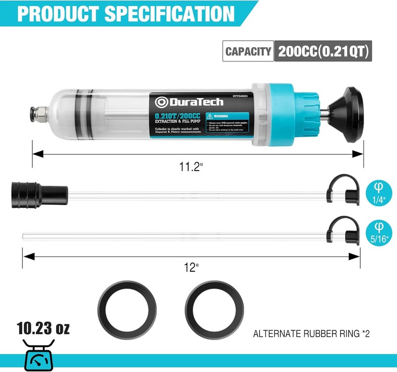 DURATECH 200CC Fluid Extractor Automotive, Fluid Pump with Long Extension Tubes, Oil Syringe with Powerful Suction, Fluid Extractor Pump for Extracting Engine Oil, Transmission Oil and Brake Fluid - Image 2